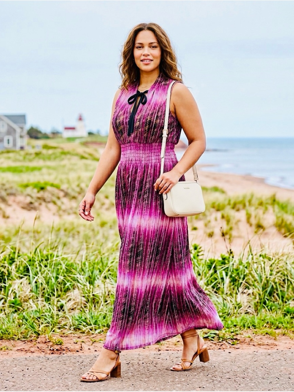 Pink Ombre Sleeveless Maxi Dress with Tie Neck